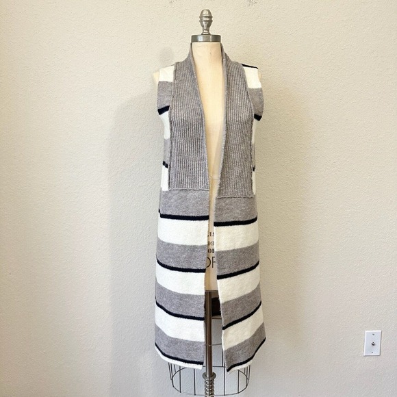 ANTHROPOLOGIE Pencey Long Stripe Open Vest in Grey White Navy - Picture 1 of 12